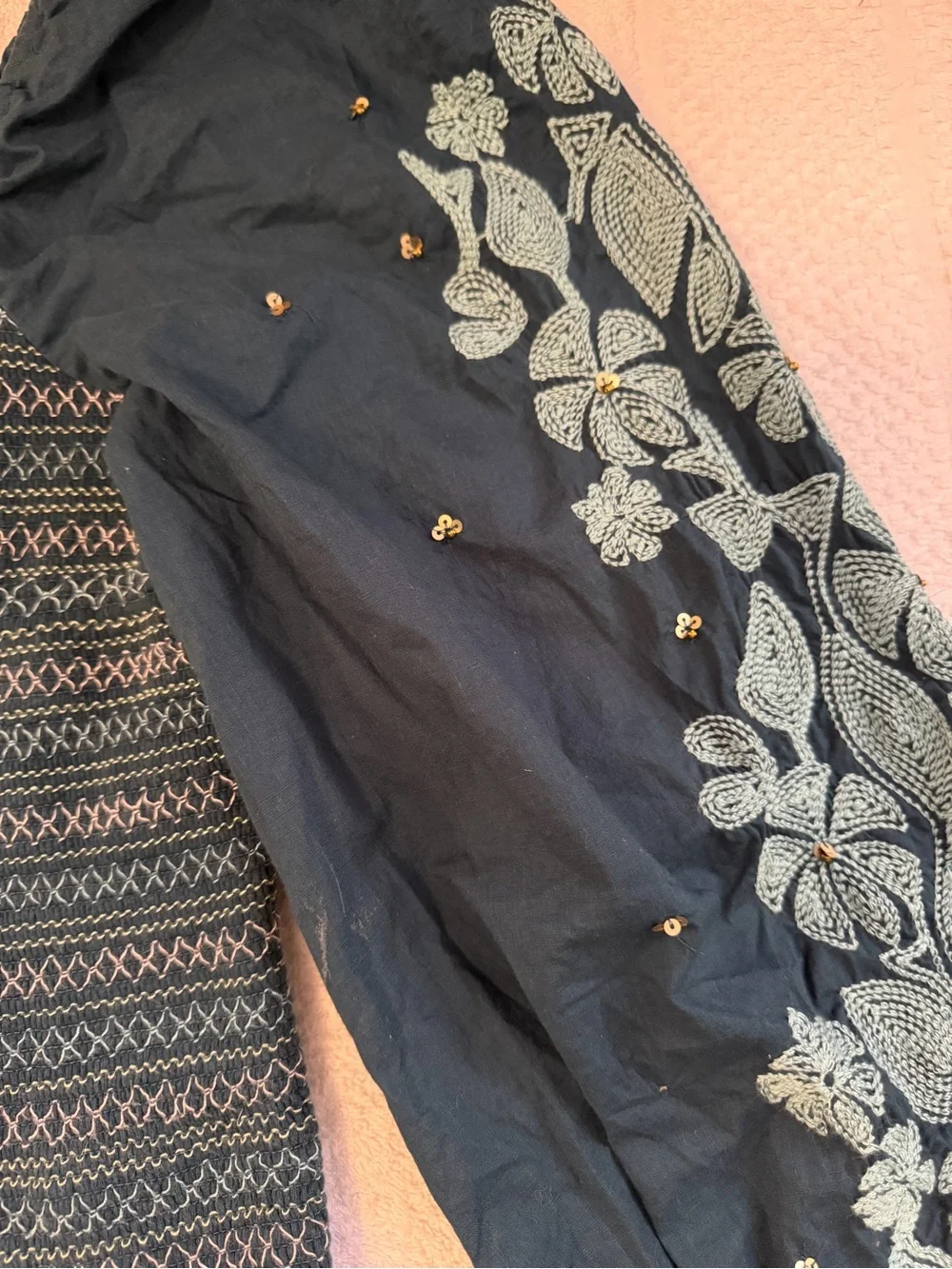 Anthropologie Smocked Embroidered Square Neck Puff Sleeve Sequin Boho Peasant